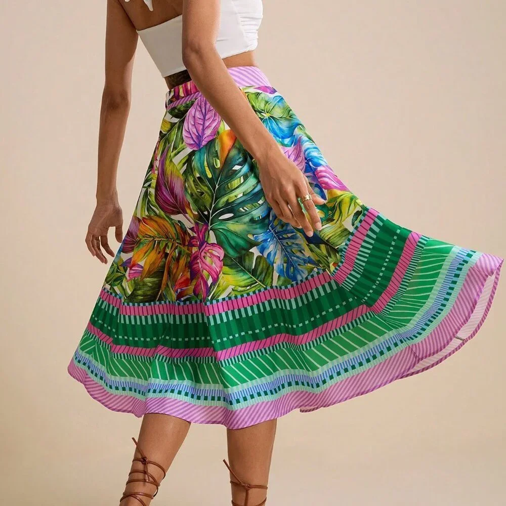 Green Boho Women's Tropical Watercolor Palm Leaf A-Line Midi Skirt